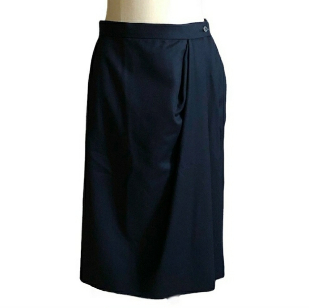 YVES SAINT LAURENT RIVE GAUCHE Navy Pleated Wrap Wool Midi SkirtVintage …